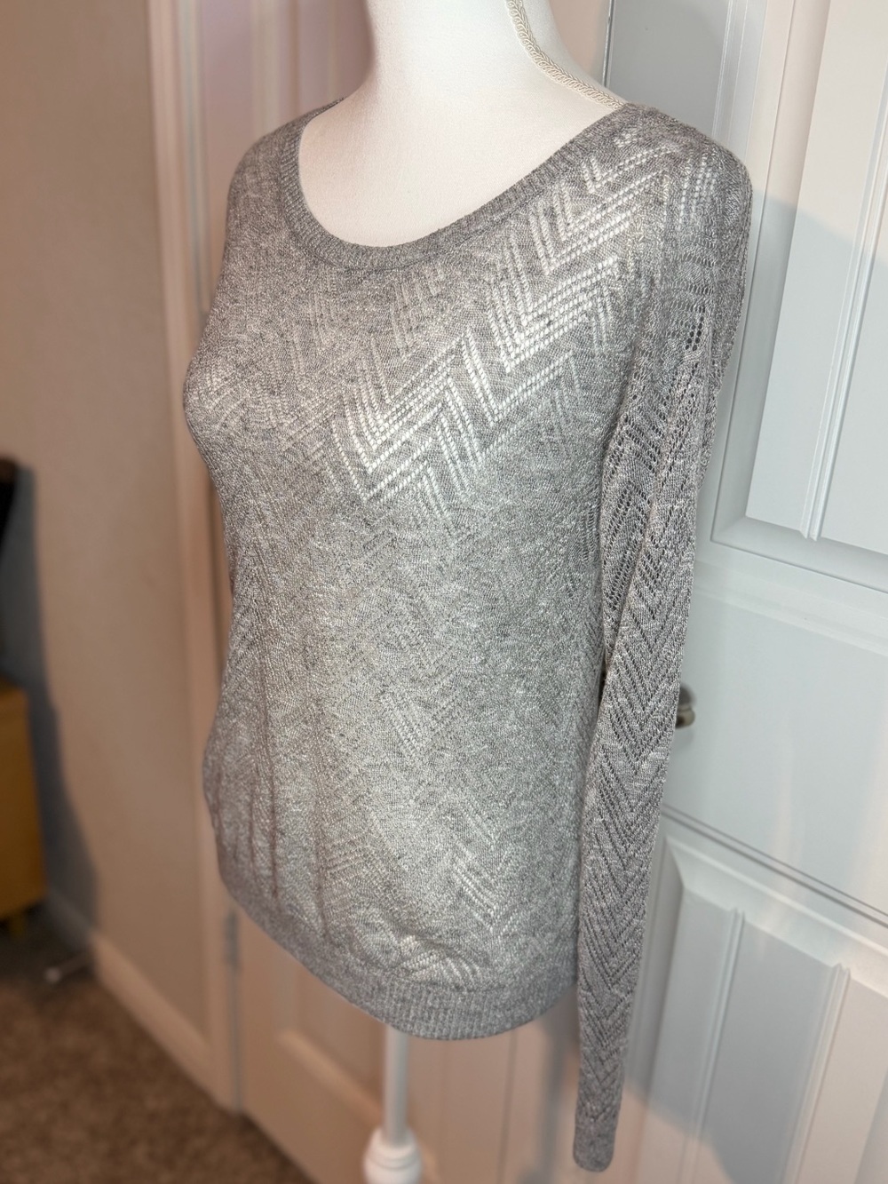LOFT Gray Chevron Open Knit Linen Blend Sweater XS Lightweight